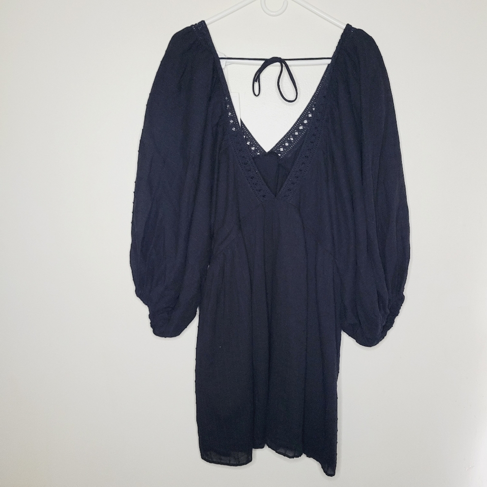 H&M Influencer Dress Balloon Sleeve Cotton Crotchet V-Neck Medium Black Vacation - Picture 2 of 15